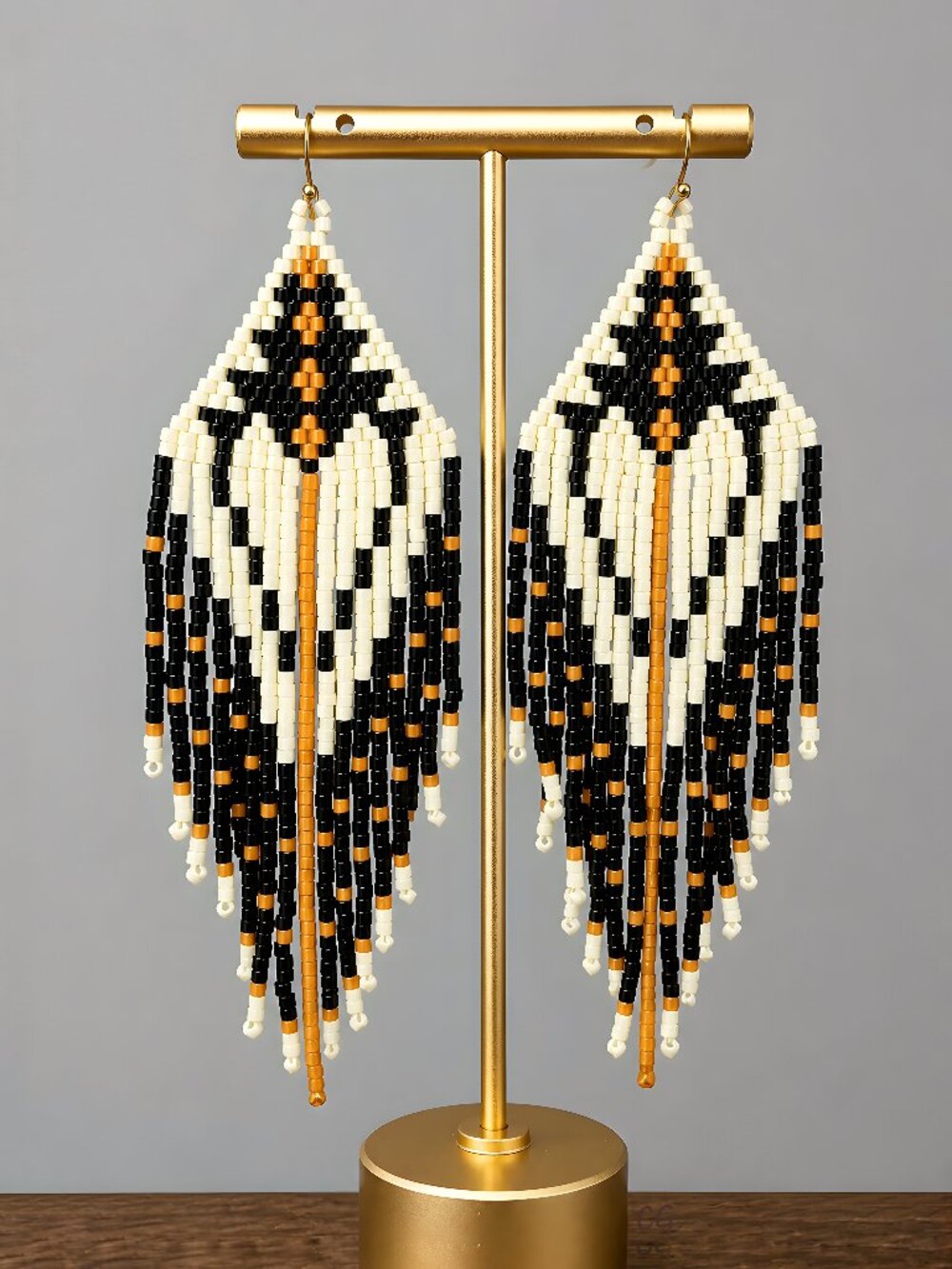 Perth Southwestern Boho Seed Bead Fringe Earrings Statement - Black Cream